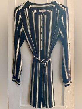 Loft outlet shirt dress- navy yellow and white striped.